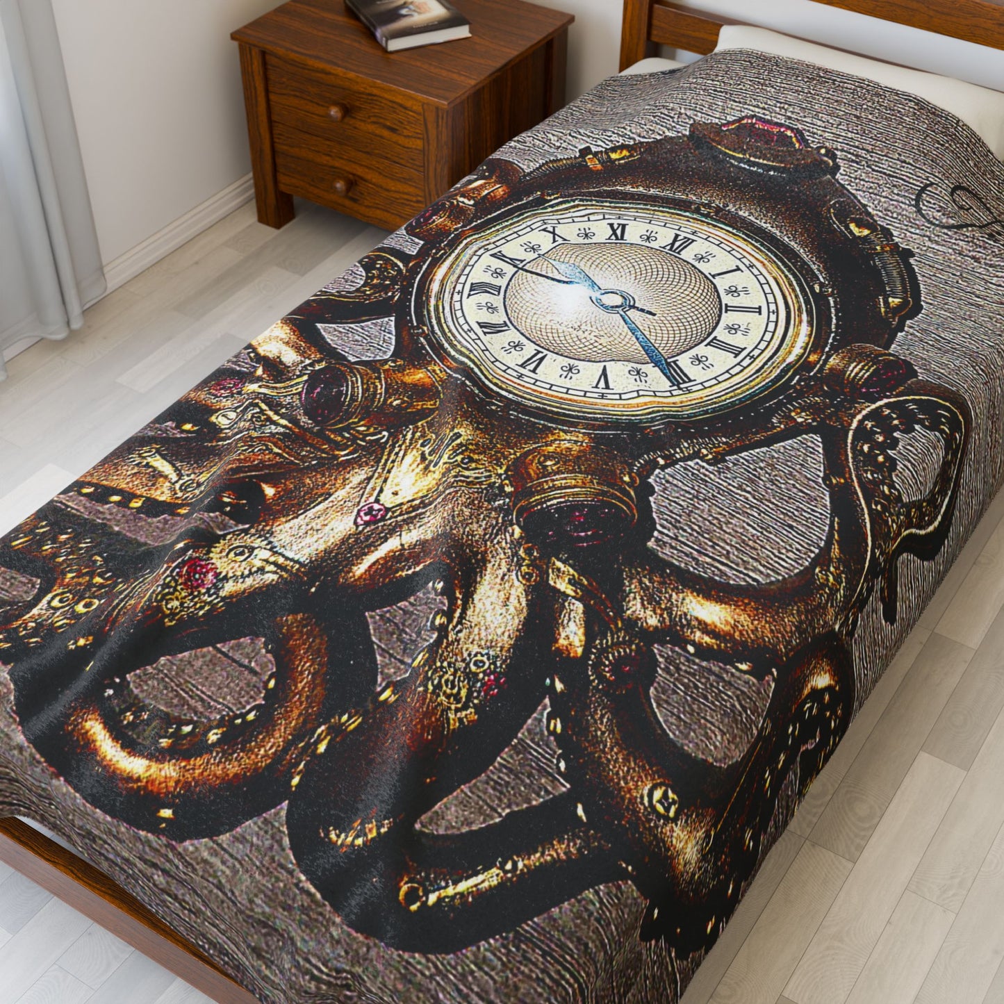 Rustic Octopus Clock Velveteen Blanket – Soft Plush Ocean-Inspired Throw for Kids, Beach Lovers & Nautical Home Décor