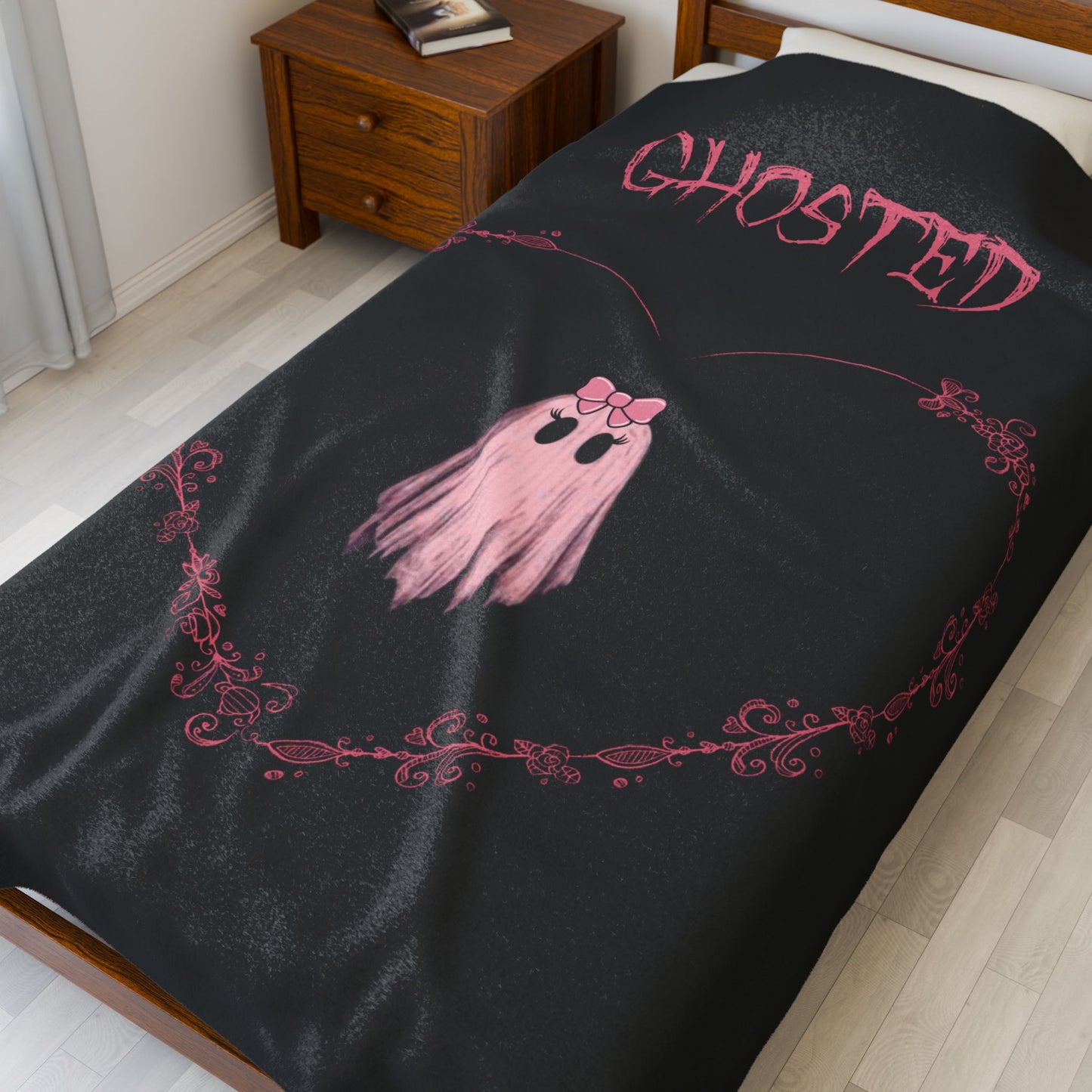 Ghosted Velveteen Plush Blanket — Cute Pink Ghost Heart Design