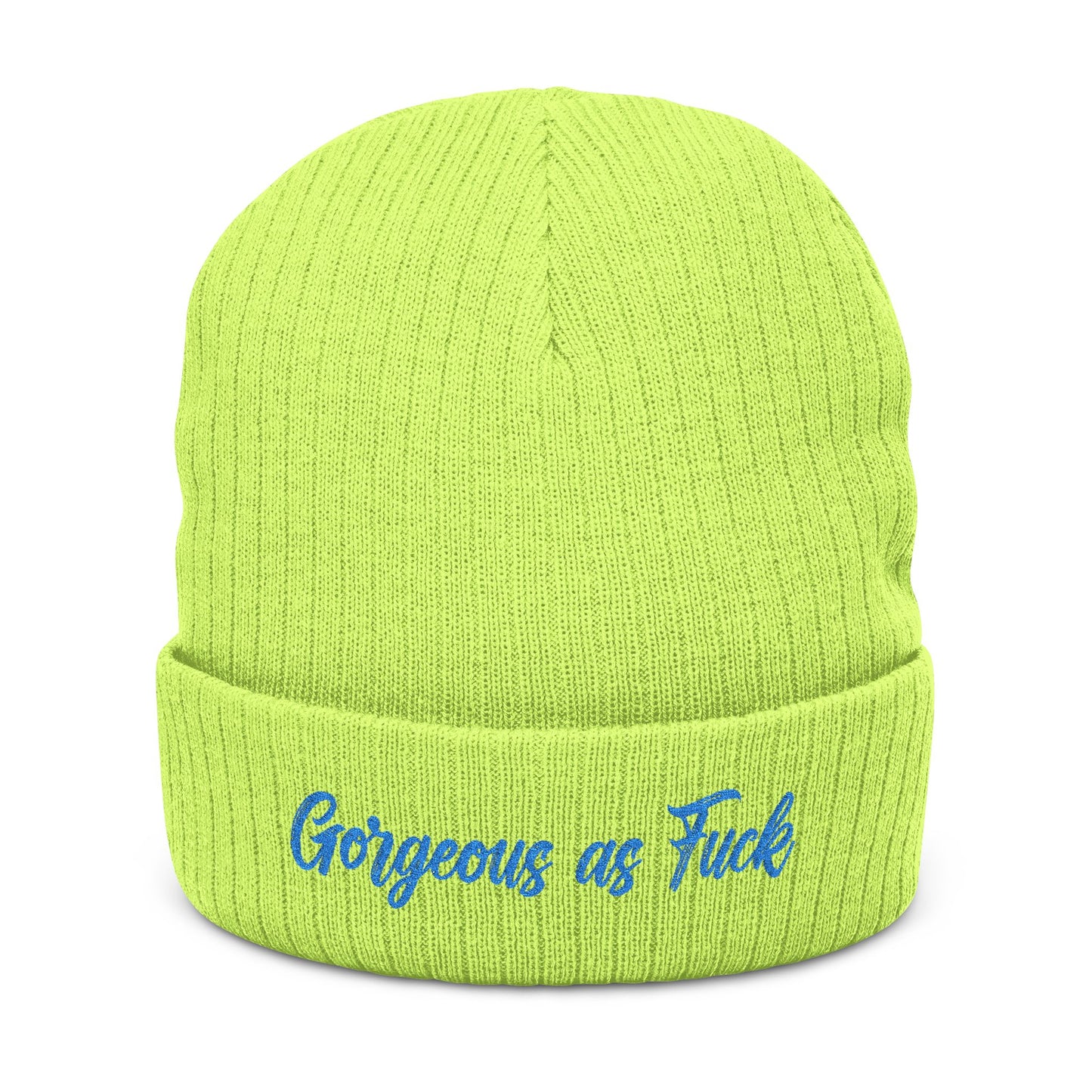 Embroidered 'Gorgeous as F***' Ribbed Beanie — Bold Statement Knit Hat