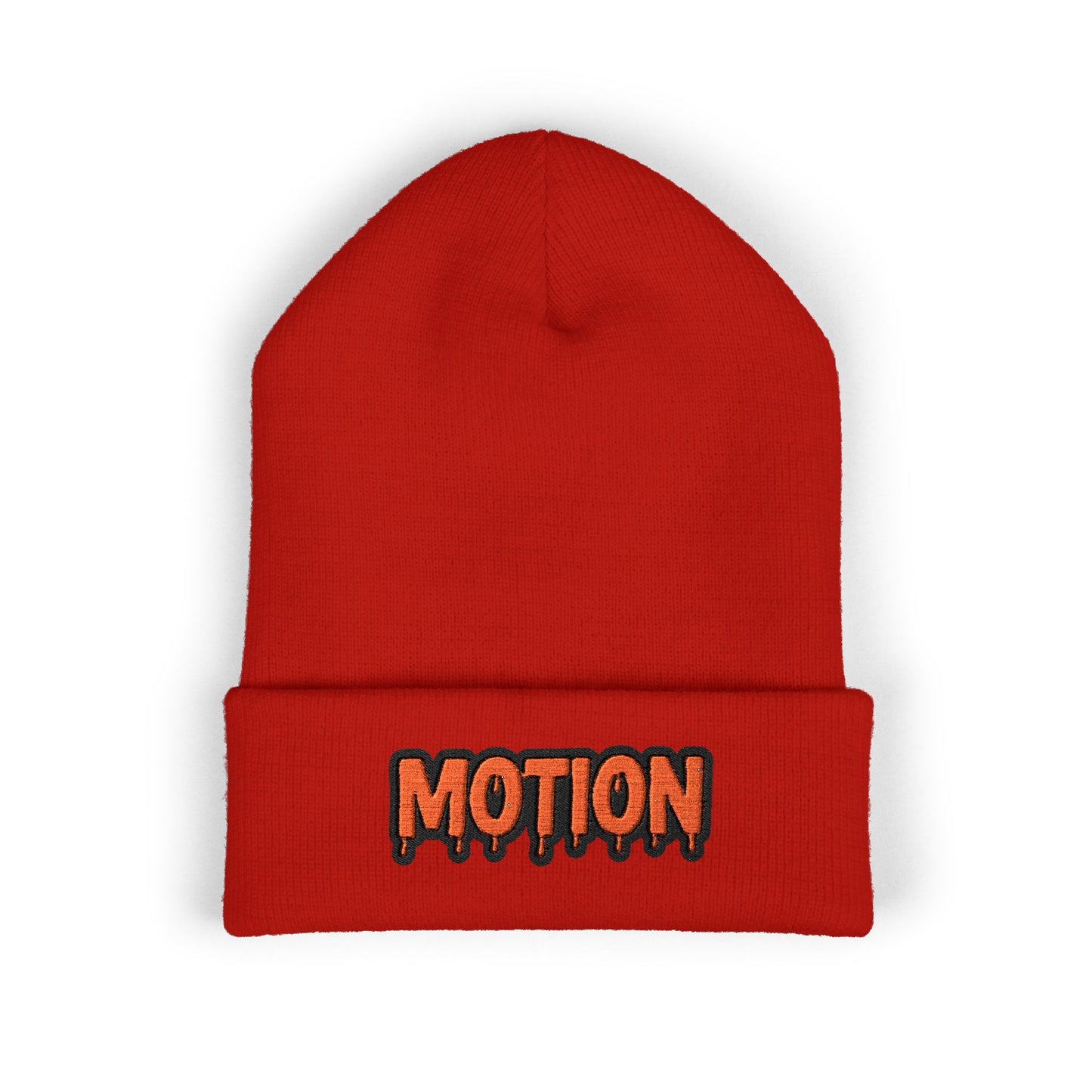 Motion Embroidered Cuffed Beanie — Retro Drip Logo Knit Hat