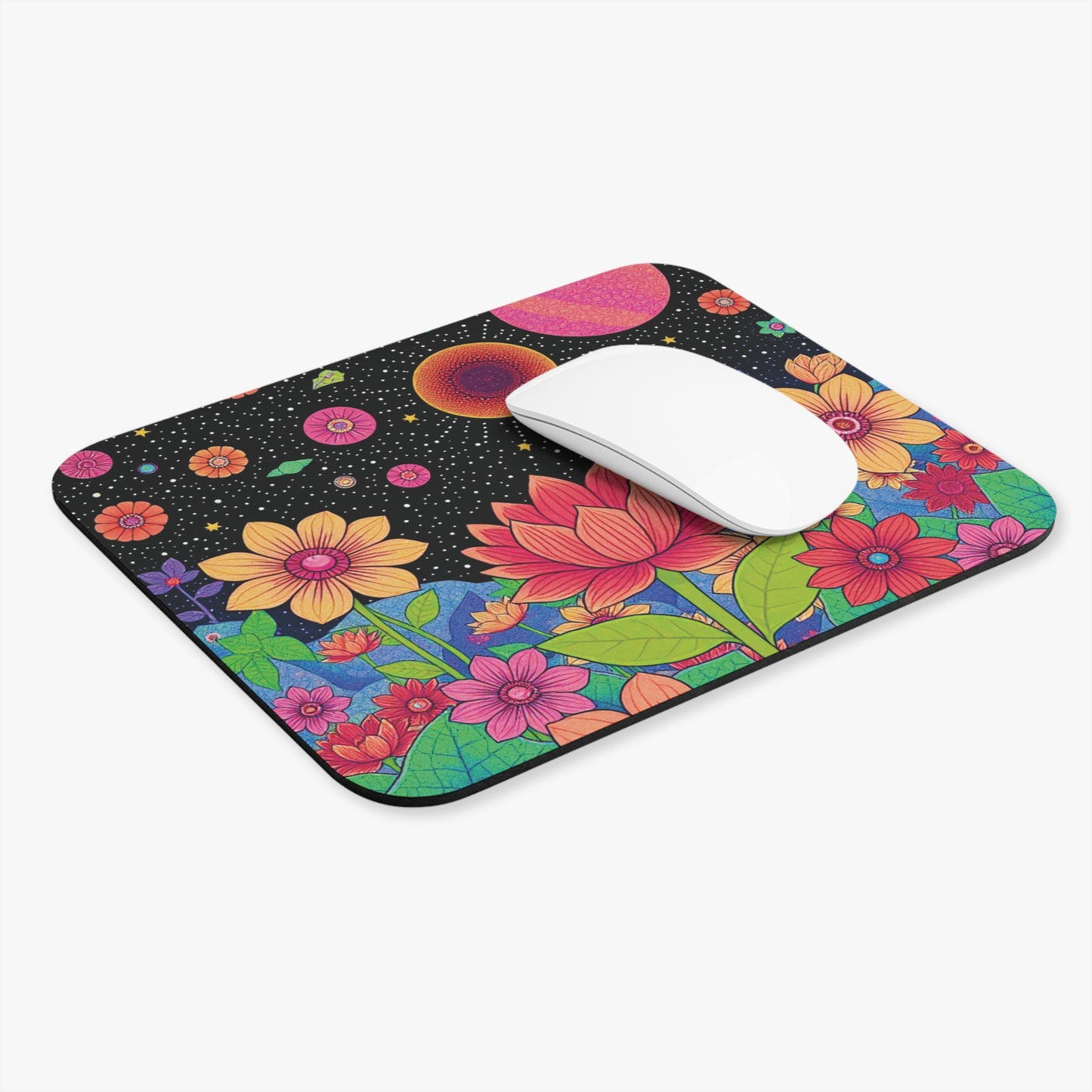 Colorful Floral Galaxy Mouse Pad, Vibrant Office Decor, Gift for Flower Lovers, Unique Desk Accessories, Astronomy Inspired Home