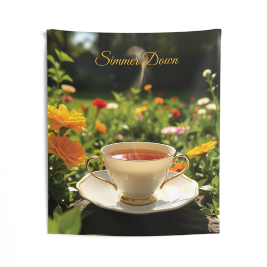 Simmer Down Tea Cup Tapestry | Cozy Boho Wall Art for Tea Lovers & Relaxing Spaces