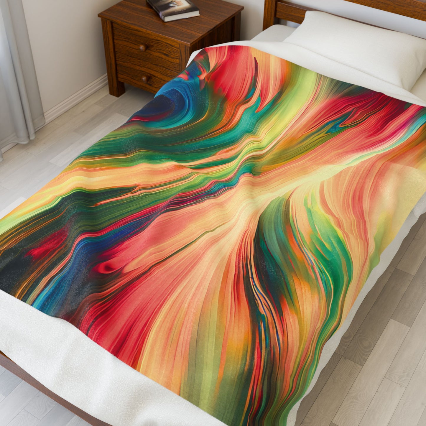 Vibrant Abstract Rainbow Swirl Velveteen Plush Blanket – Soft Colorful Throw for Artistic, Creative & Inspiring Home Décor