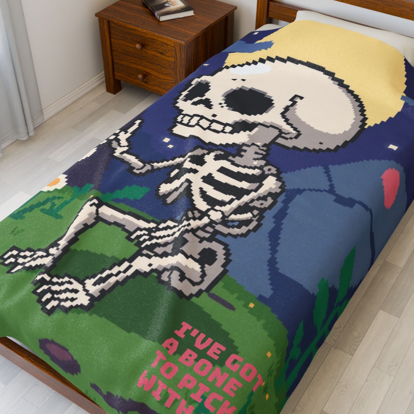 “I’ve Got a Bone to Pick With You” Skeleton Pixel Art Plush Blanket – Cute Cozy Throw for Halloween, Gamers & Fun Home Décor
