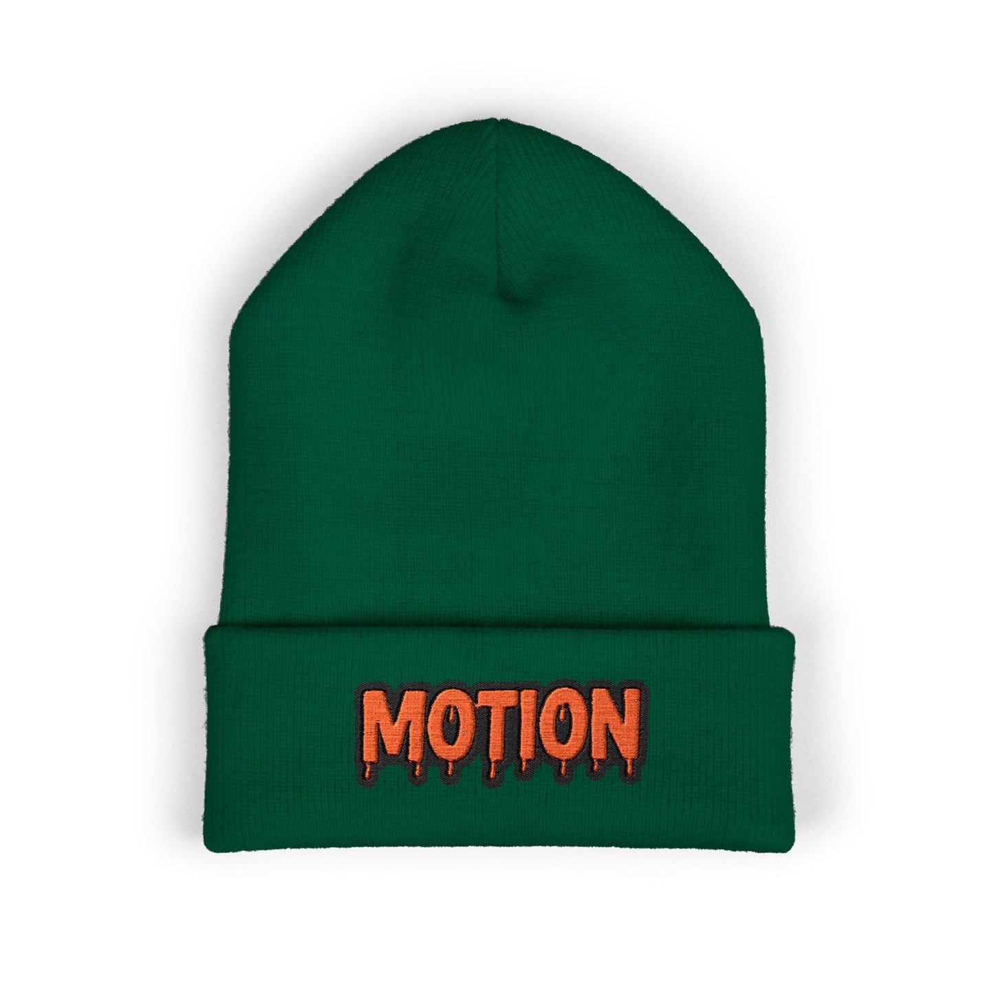 Motion Embroidered Cuffed Beanie — Retro Drip Logo Knit Hat
