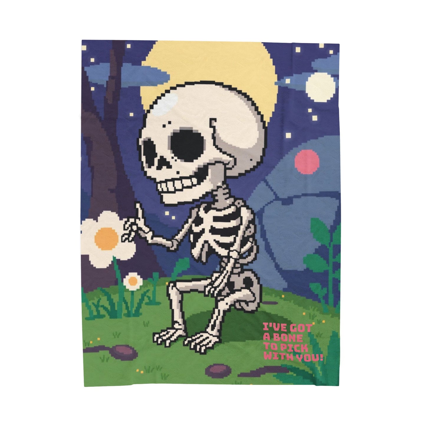“I’ve Got a Bone to Pick With You” Skeleton Pixel Art Plush Blanket – Cute Cozy Throw for Halloween, Gamers & Fun Home Décor