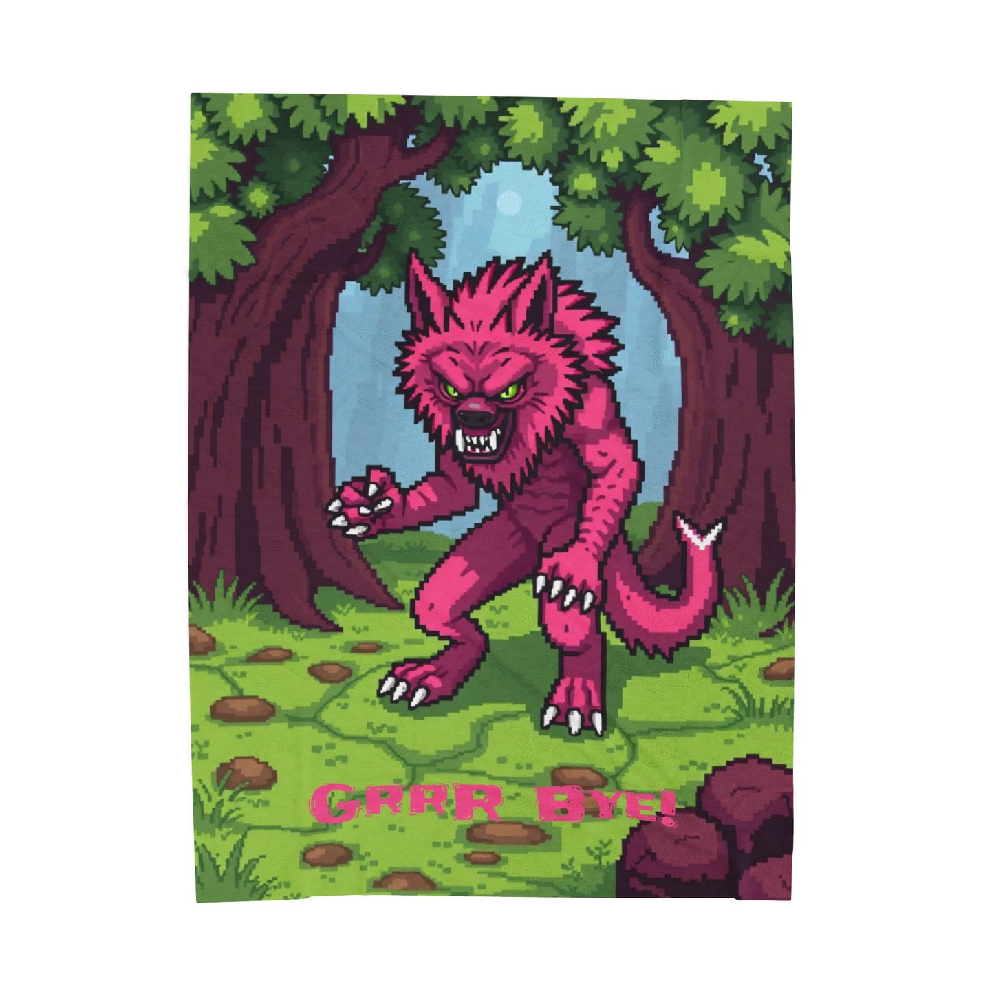 “Grrr-Bye!” Pink Werewolf Velveteen Plush Blanket – Cute Horror Cozy Throw for Spooky Season, Self-Care & Fun Home Décor