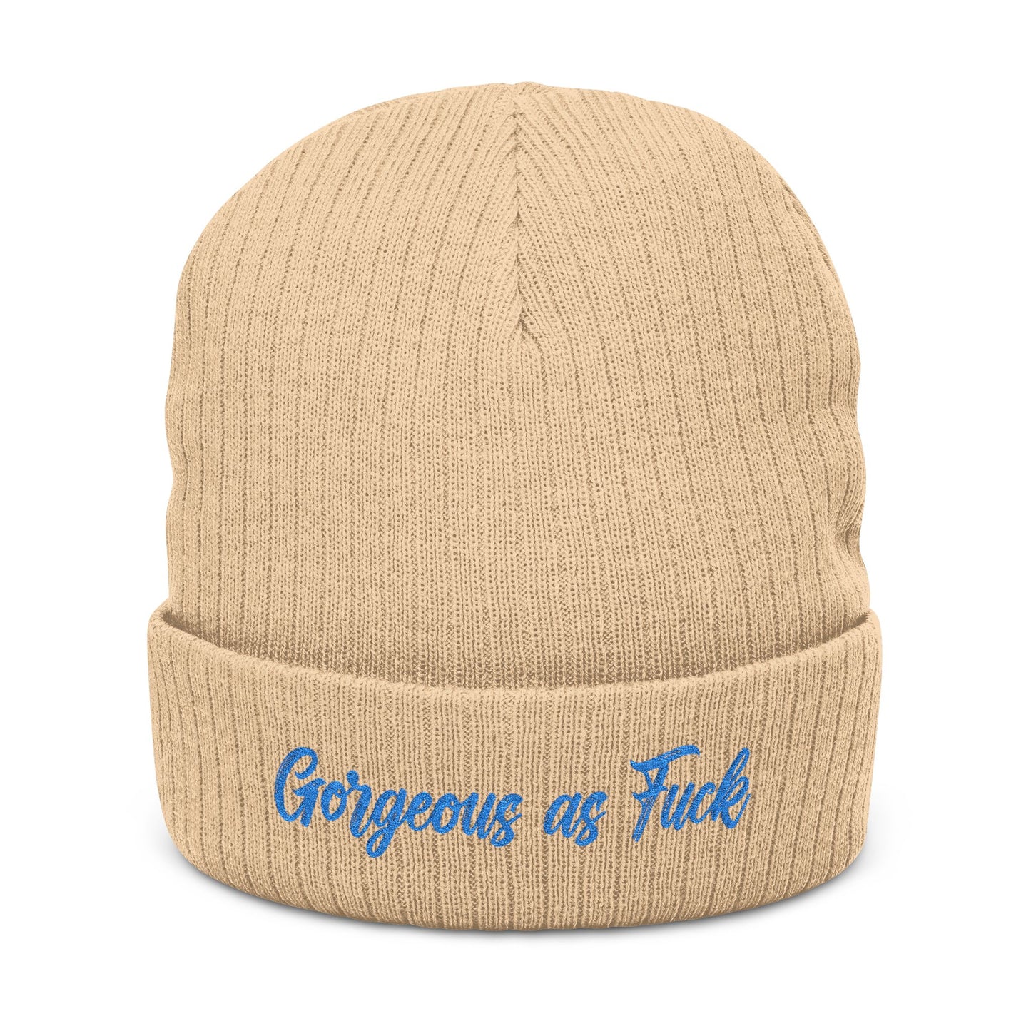 Embroidered 'Gorgeous as F***' Ribbed Beanie — Bold Statement Knit Hat