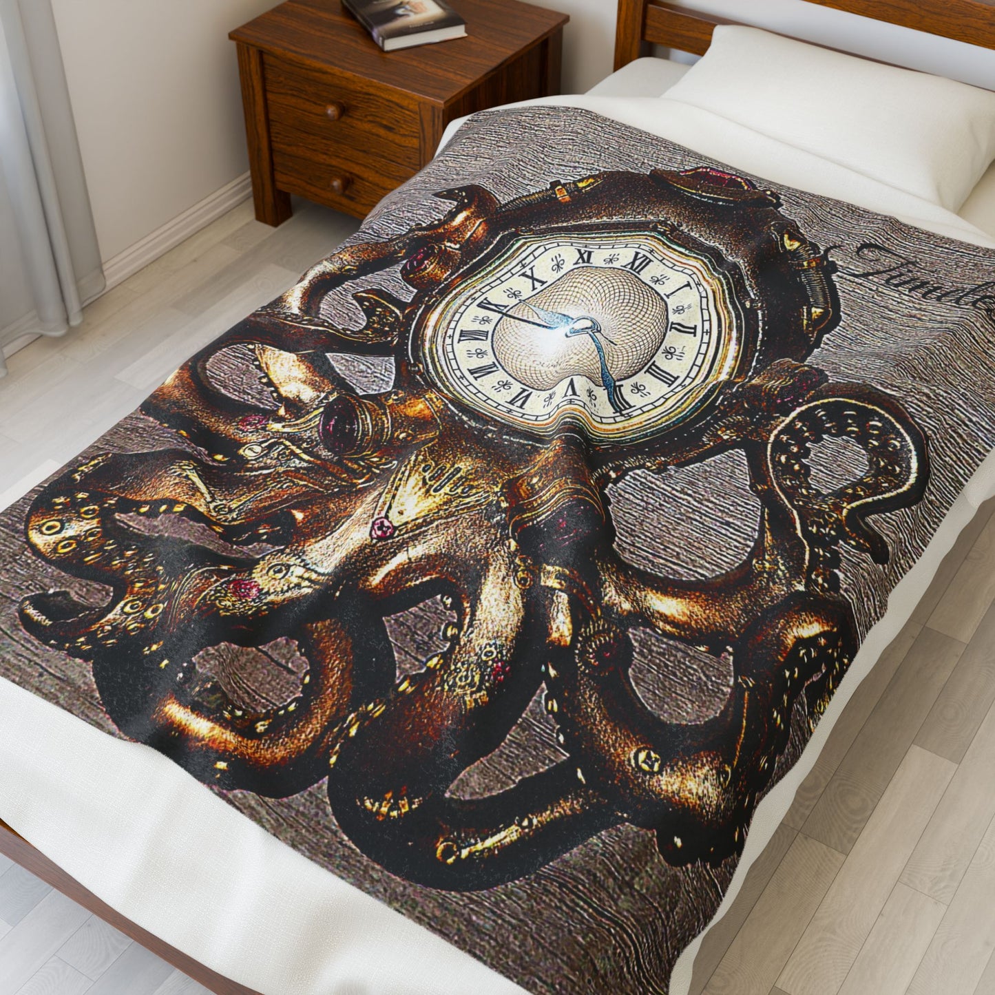 Rustic Octopus Clock Velveteen Blanket – Soft Plush Ocean-Inspired Throw for Kids, Beach Lovers & Nautical Home Décor