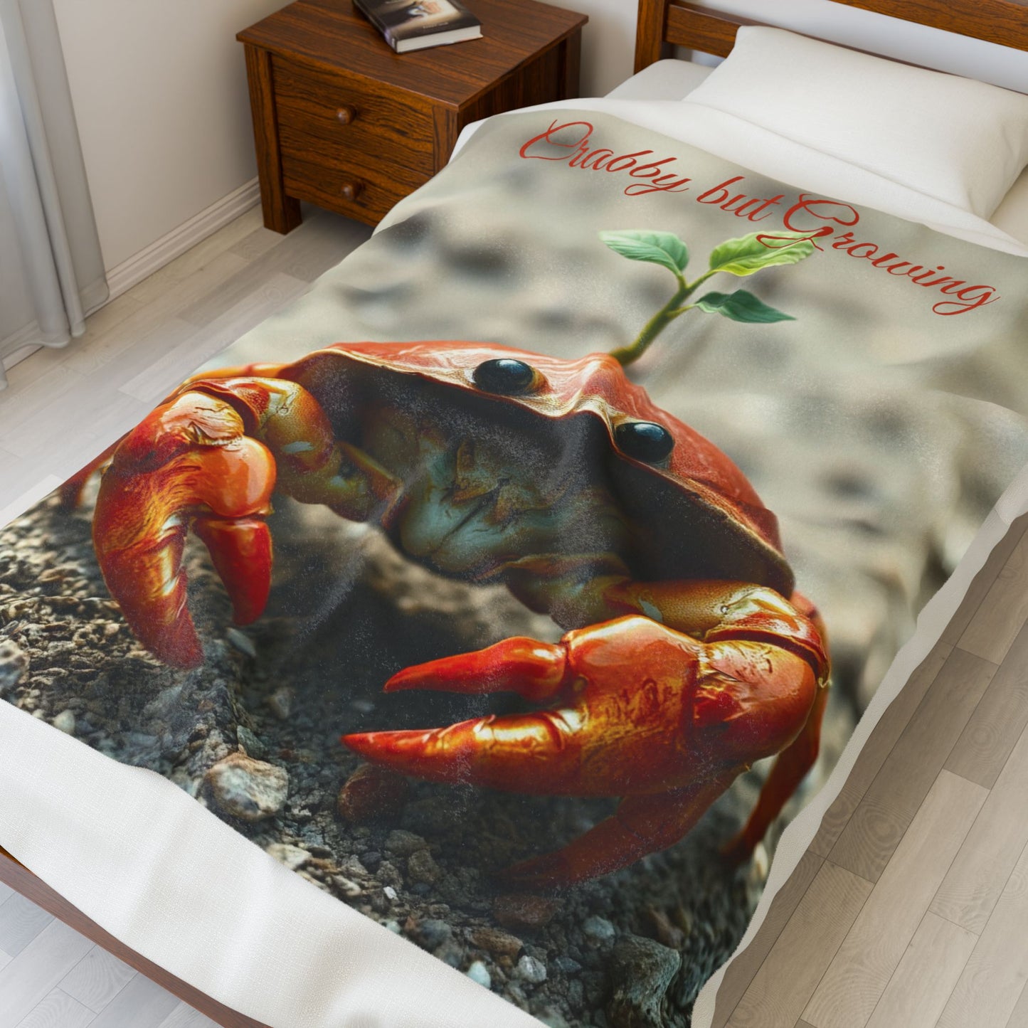 Soft Velveteen Crab Plush Blanket — “Crabby But Growing” Throw for Kids, Ocean Lovers & Whimsical Coastal Décor
