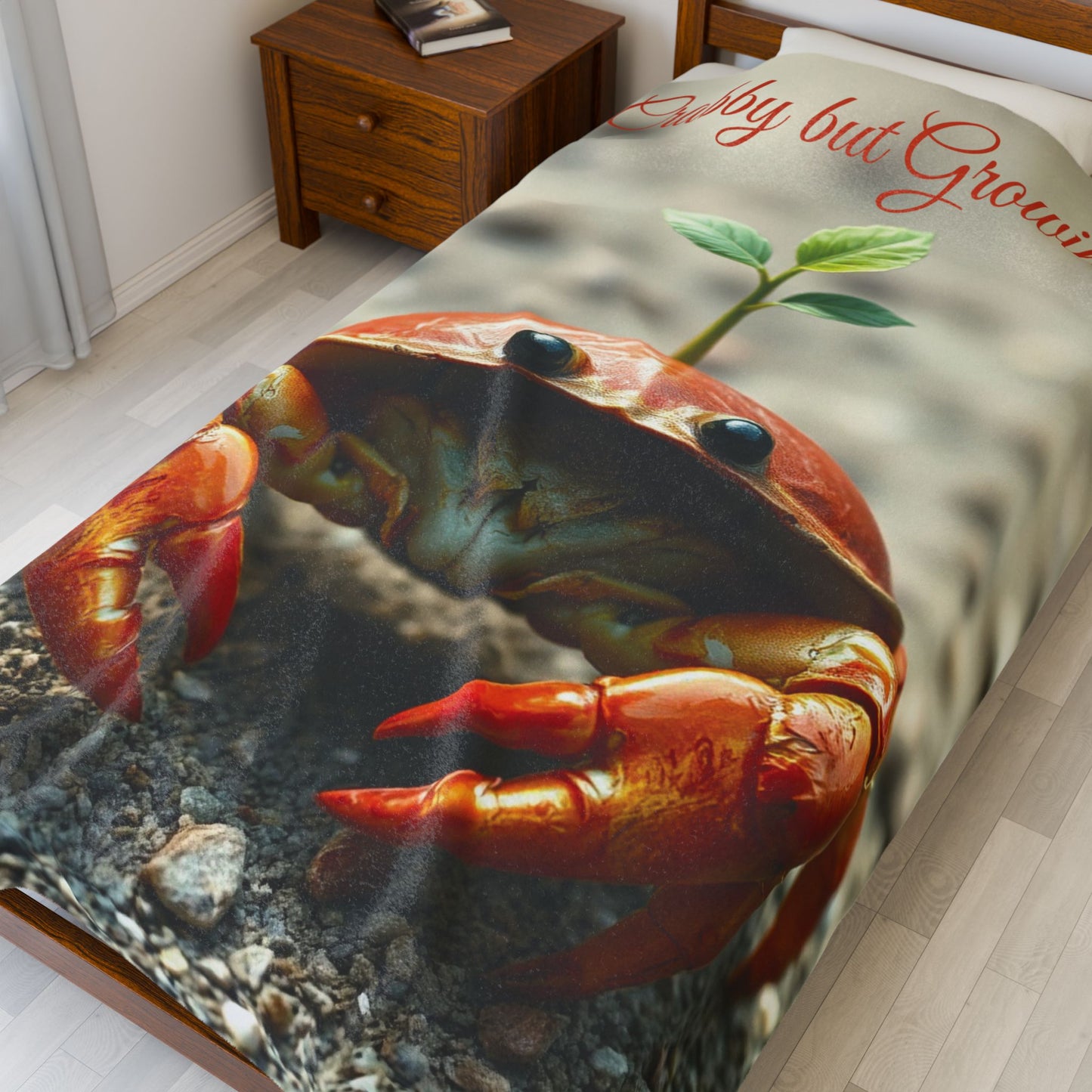 Soft Velveteen Crab Plush Blanket — “Crabby But Growing” Throw for Kids, Ocean Lovers & Whimsical Coastal Décor