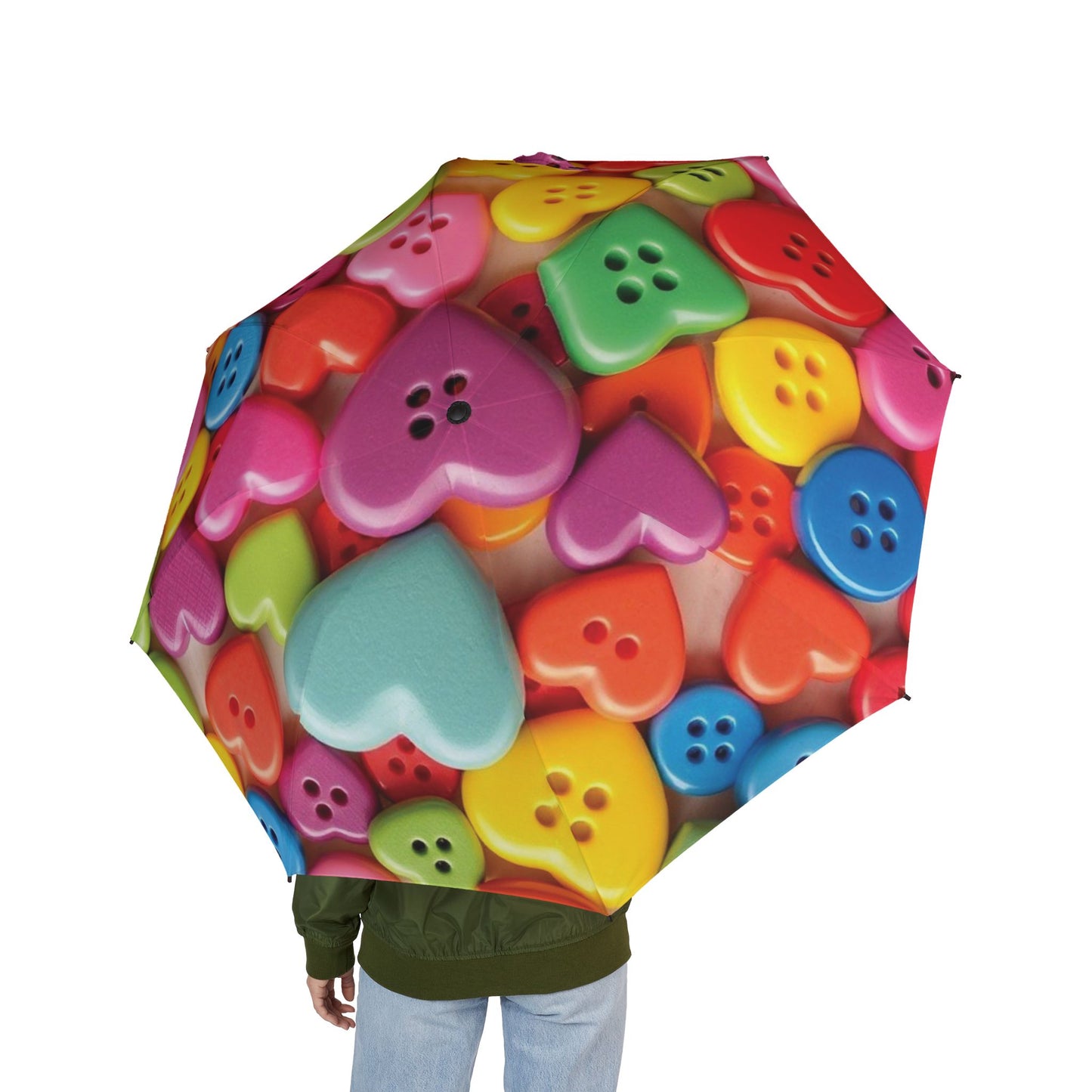 Colorful Heart Button Umbrella | Semi-Automatic Foldable Rain Umbrella – Cute Gift for Her