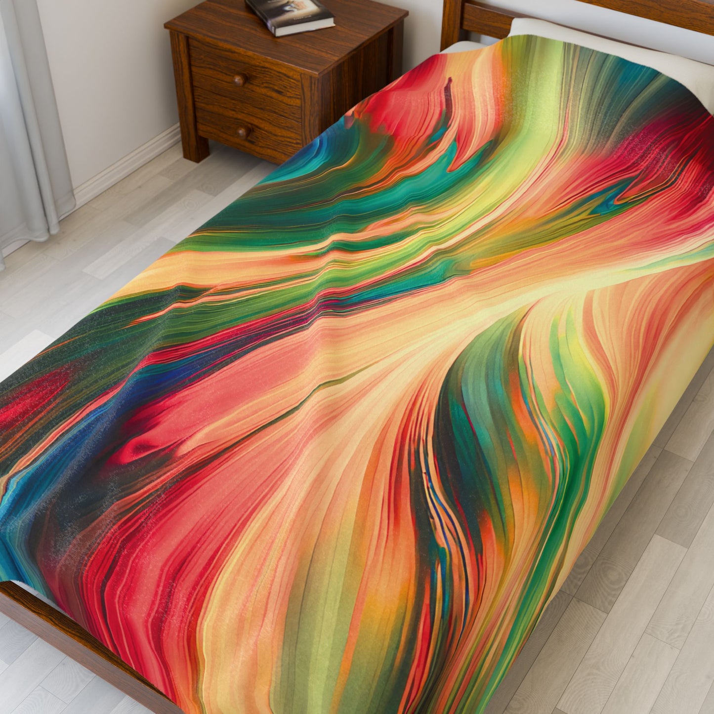 Vibrant Abstract Rainbow Swirl Velveteen Plush Blanket – Soft Colorful Throw for Artistic, Creative & Inspiring Home Décor