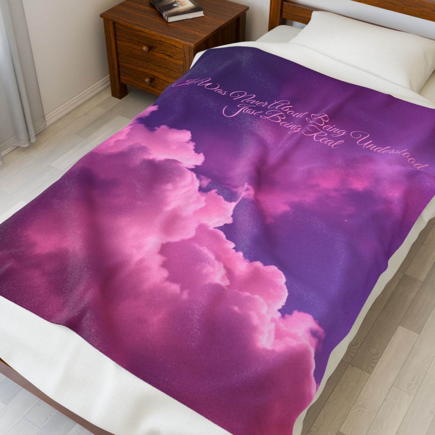 “It Was Never About Being Understood, Just Being Real” Purple Sky & Pink Cloud Plush Blanket – Soft Inspirational Throw