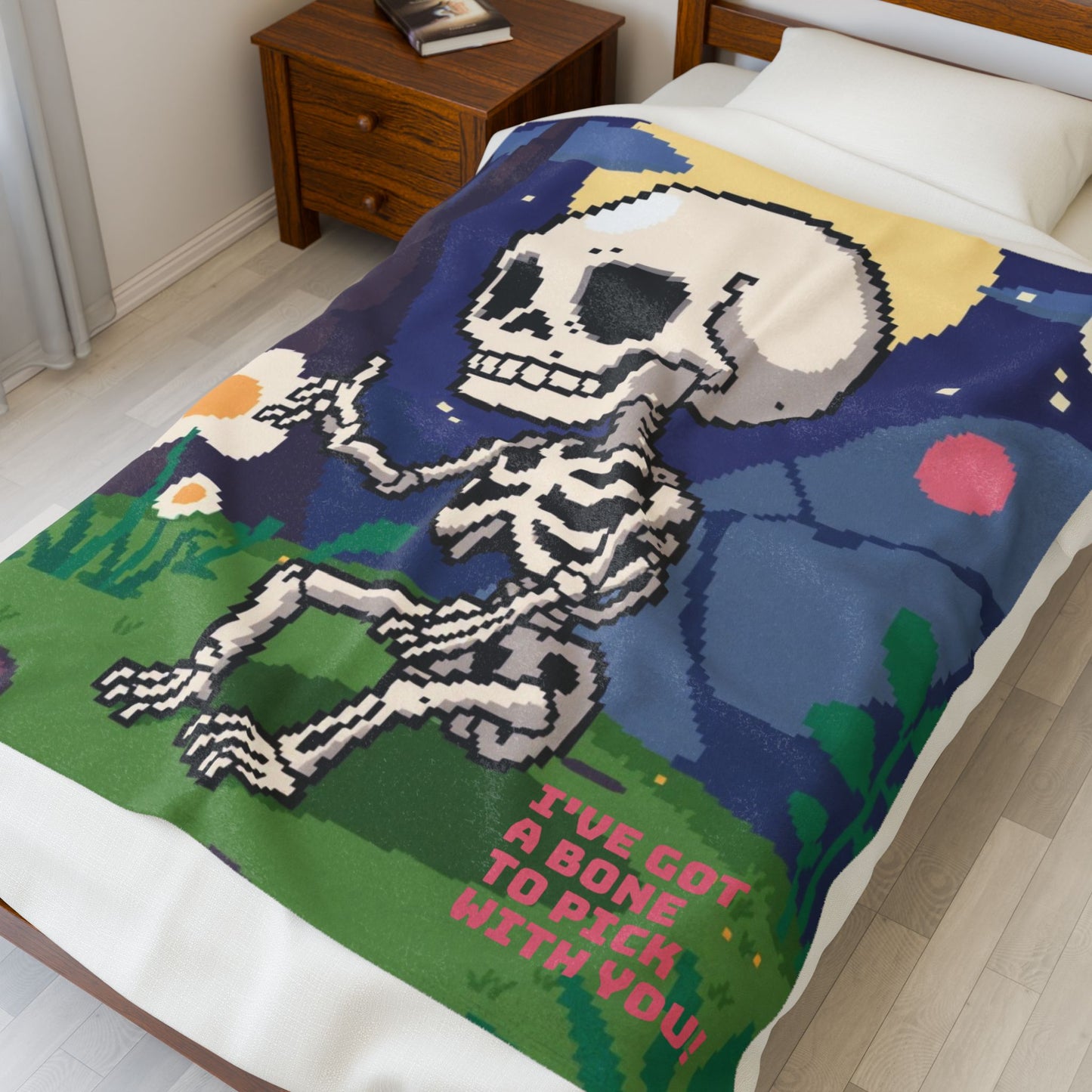 “I’ve Got a Bone to Pick With You” Skeleton Pixel Art Plush Blanket – Cute Cozy Throw for Halloween, Gamers & Fun Home Décor