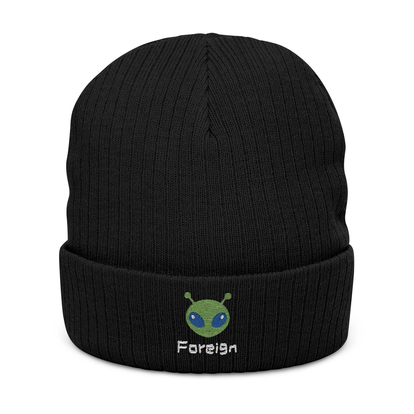 Alien Foreign Logo Ribbed Knit Beanie — Embroidered Space Graphic