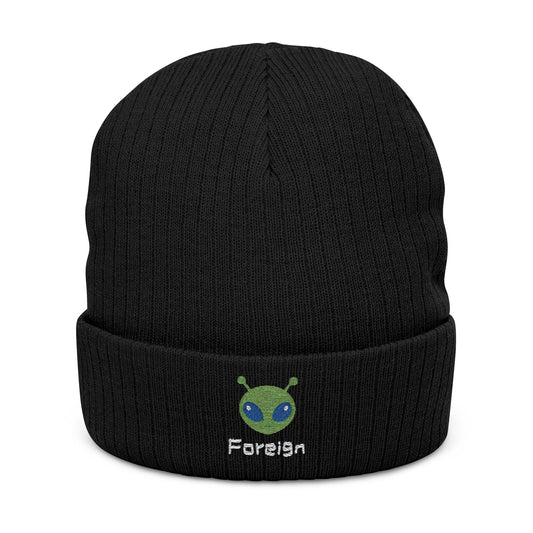 Alien Foreign Logo Ribbed Knit Beanie — Embroidered Space Graphic