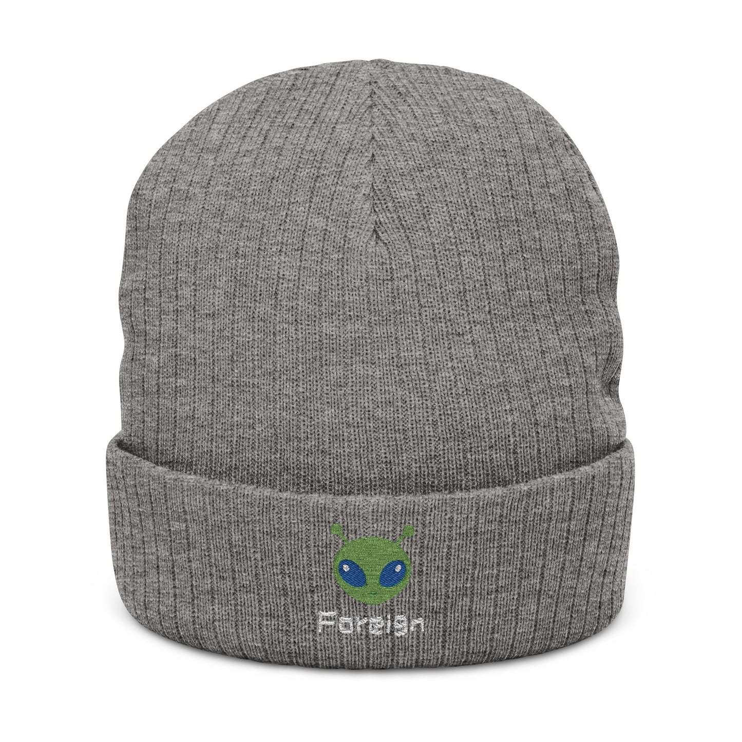 Alien Foreign Logo Ribbed Knit Beanie — Embroidered Space Graphic