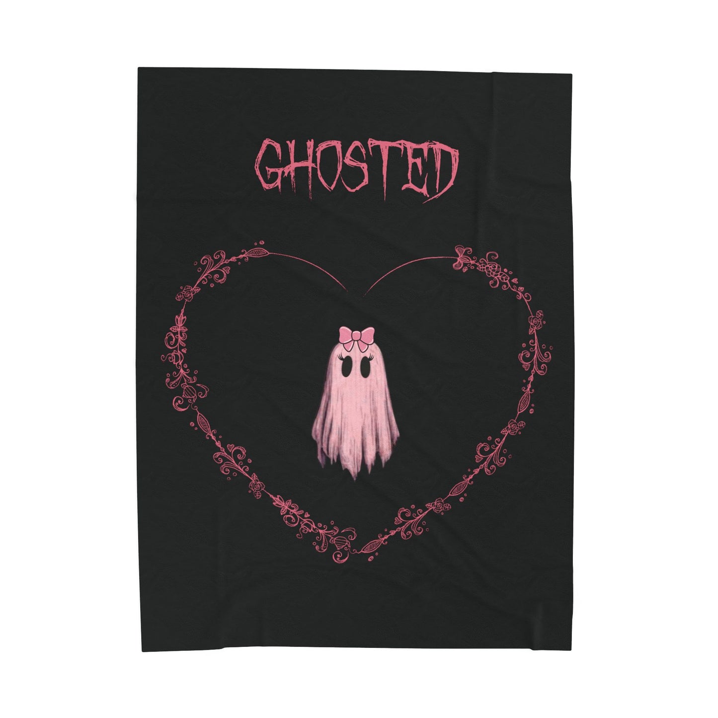 Ghosted Velveteen Plush Blanket — Cute Pink Ghost Heart Design