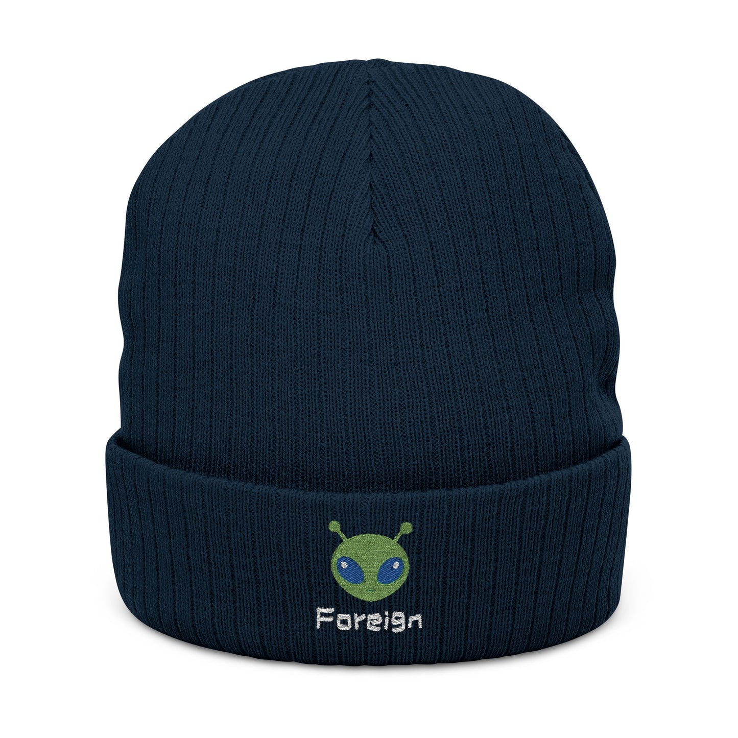 Alien Foreign Logo Ribbed Knit Beanie — Embroidered Space Graphic