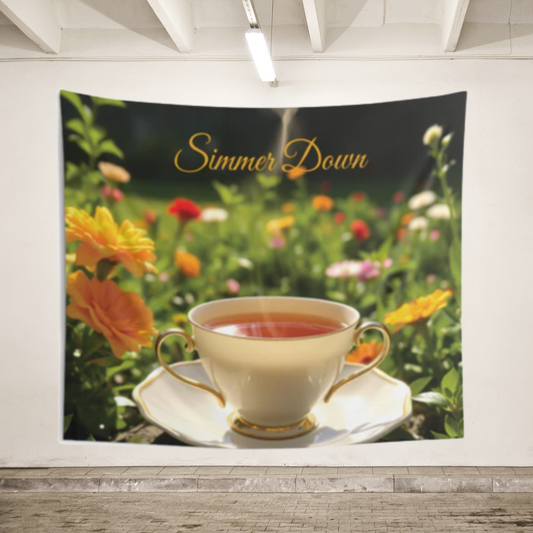Simmer Down Tea Cup Tapestry | Cozy Boho Wall Art for Tea Lovers & Relaxing Spaces