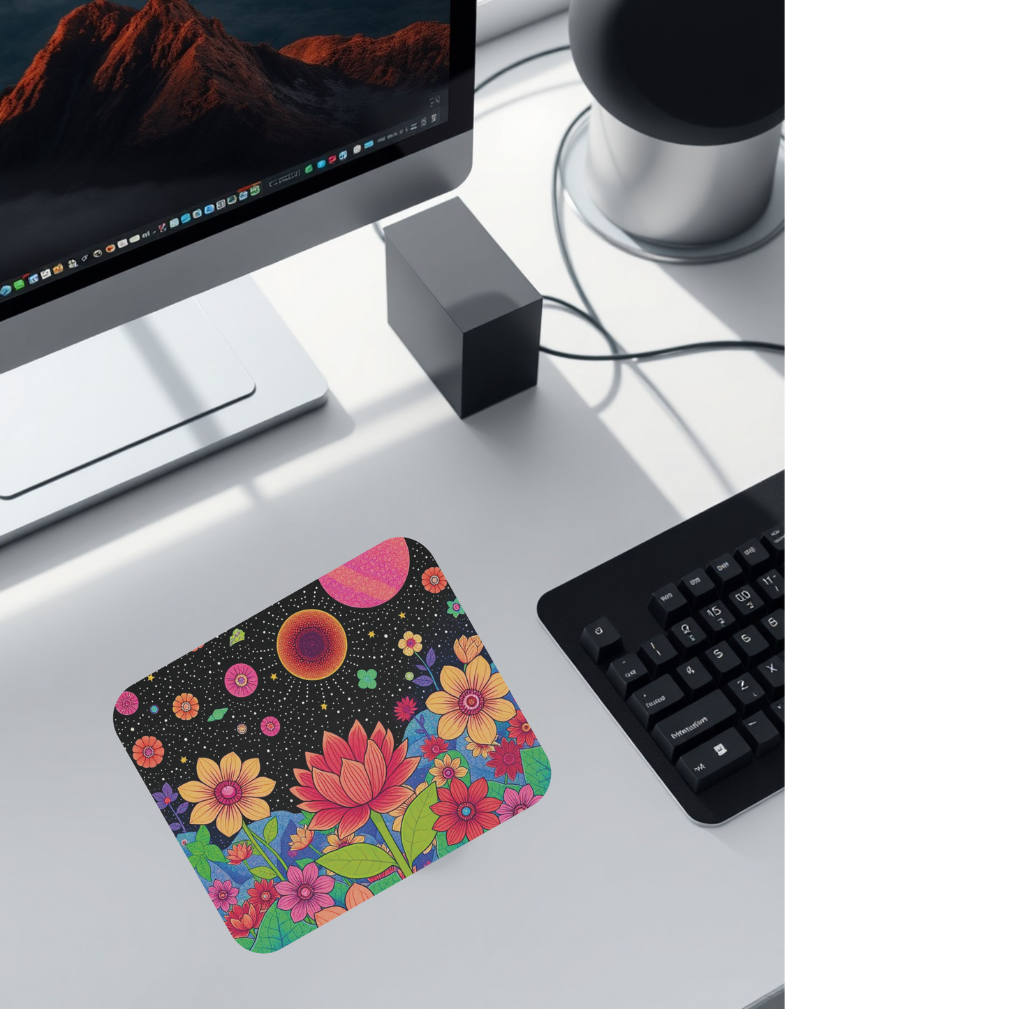 Colorful Floral Galaxy Mouse Pad, Vibrant Office Decor, Gift for Flower Lovers, Unique Desk Accessories, Astronomy Inspired Home