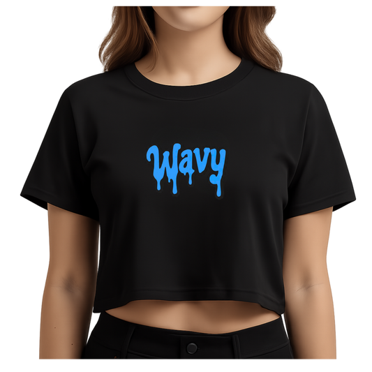 Wavy Graphic Crop Tee — Blue Drip Logo Women's Casual Top
