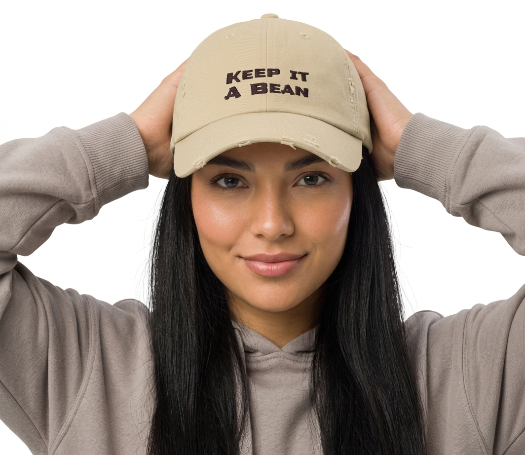 Keep It A Bean Distressed Cap — Casual Vintage Baseball Hat with Embroidered Slogan