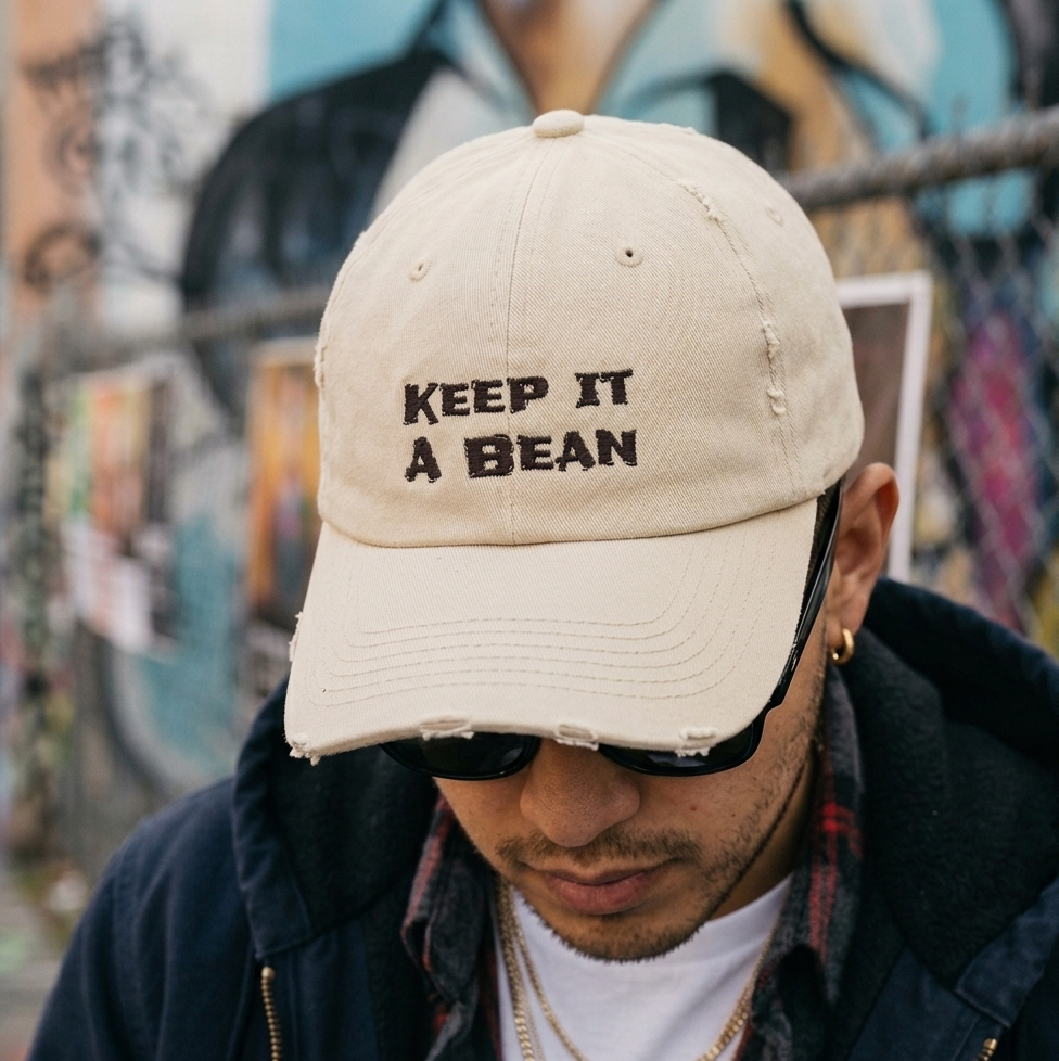 Keep It A Bean Distressed Cap — Casual Vintage Baseball Hat with Embroidered Slogan