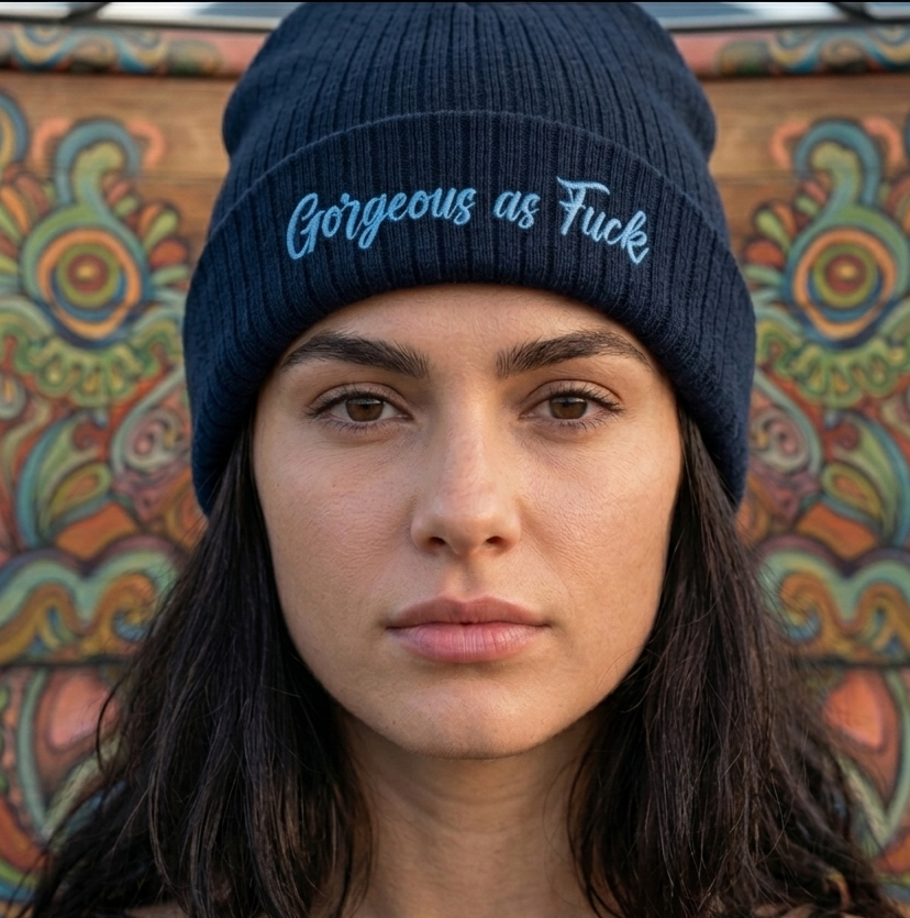 Embroidered 'Gorgeous as F***' Ribbed Beanie — Bold Statement Knit Hat