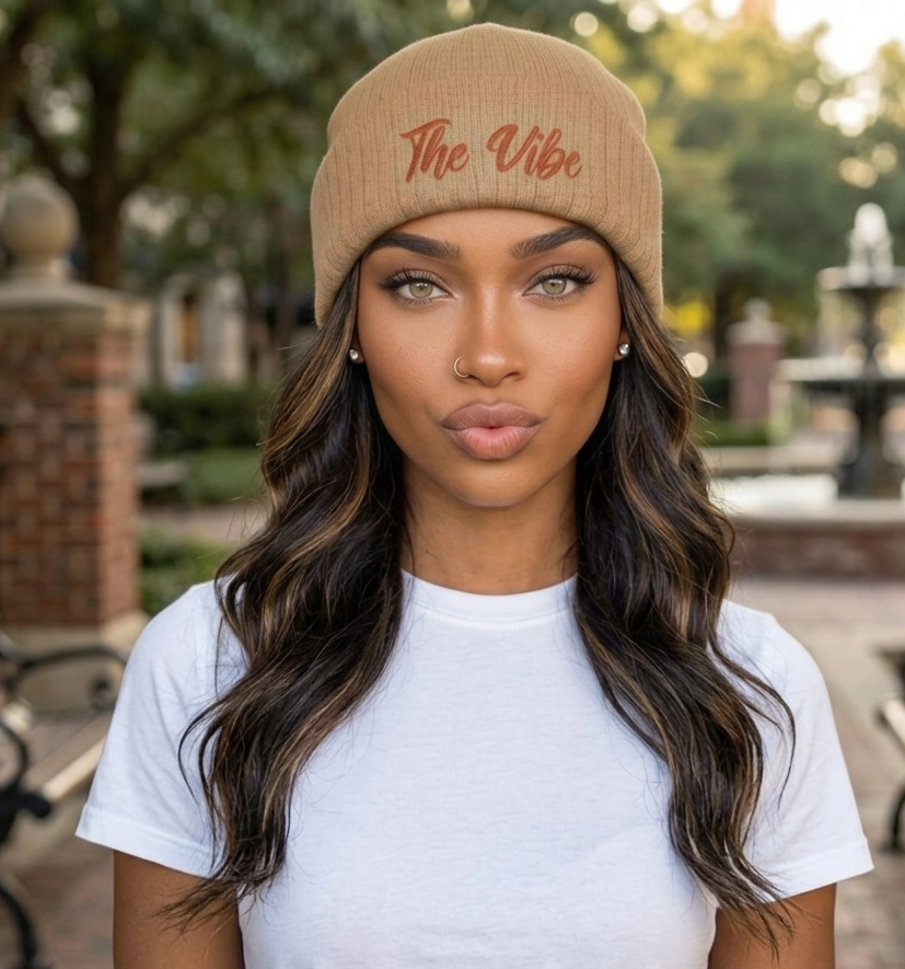 Beanie - 'The Vibe' Embroidered Ribbed Knit Beanie