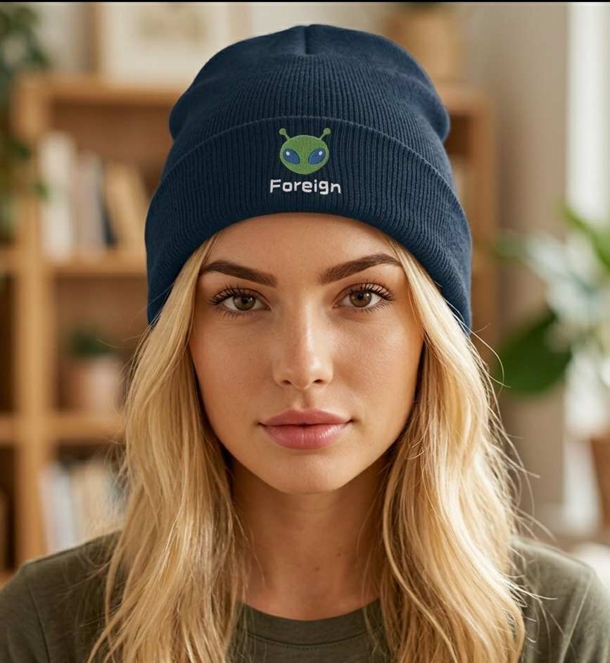 Alien Foreign Logo Ribbed Knit Beanie — Embroidered Space Graphic