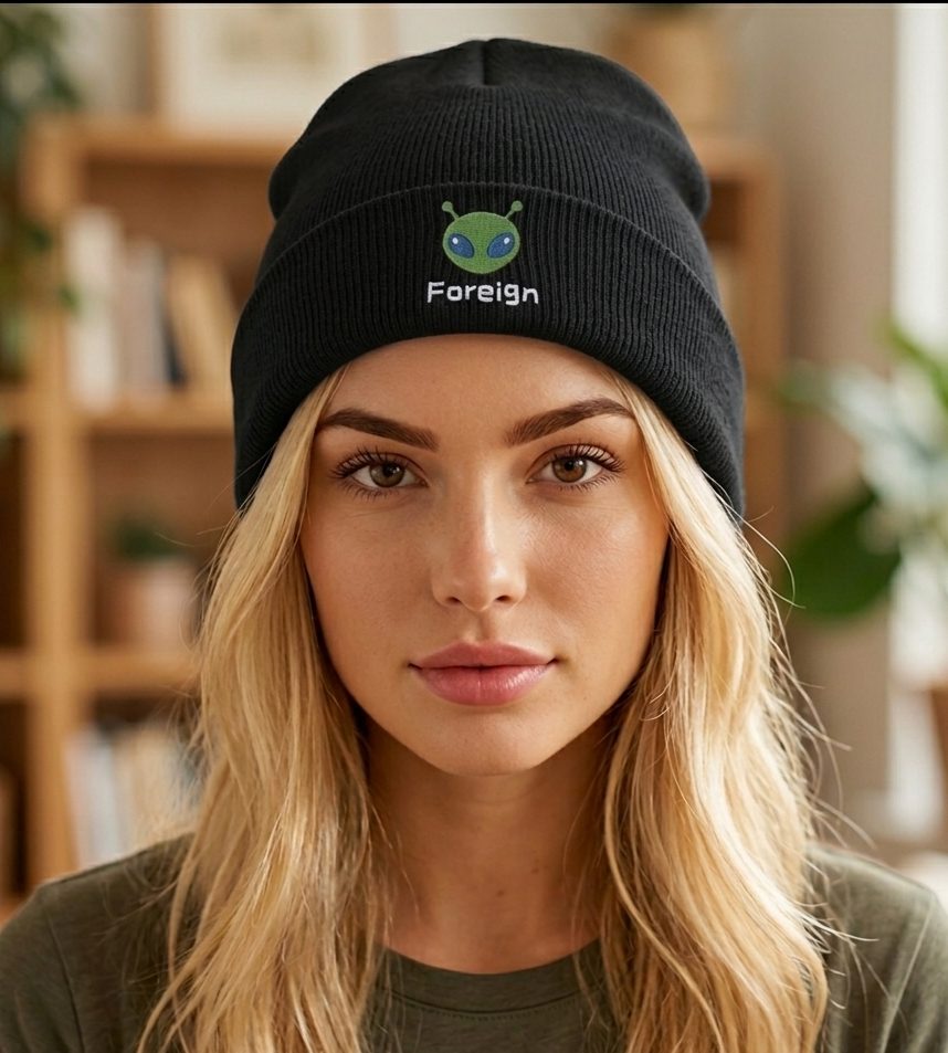 Alien Foreign Logo Ribbed Knit Beanie — Embroidered Space Graphic
