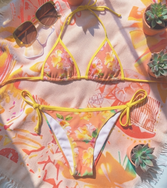 Floral Pink Tie-Side Bikini — Women's Tropical Watercolor Swimsuit