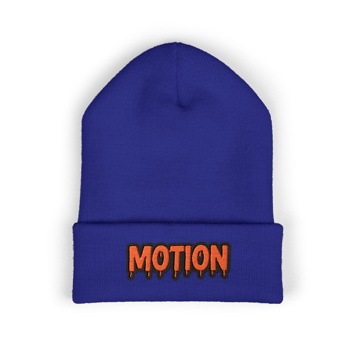 Motion Embroidered Cuffed Beanie — Retro Drip Logo Knit Hat