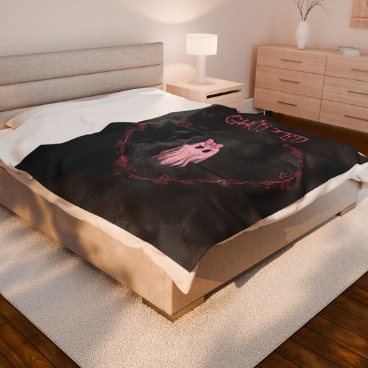 Ghosted Velveteen Plush Blanket — Cute Pink Ghost Heart Design