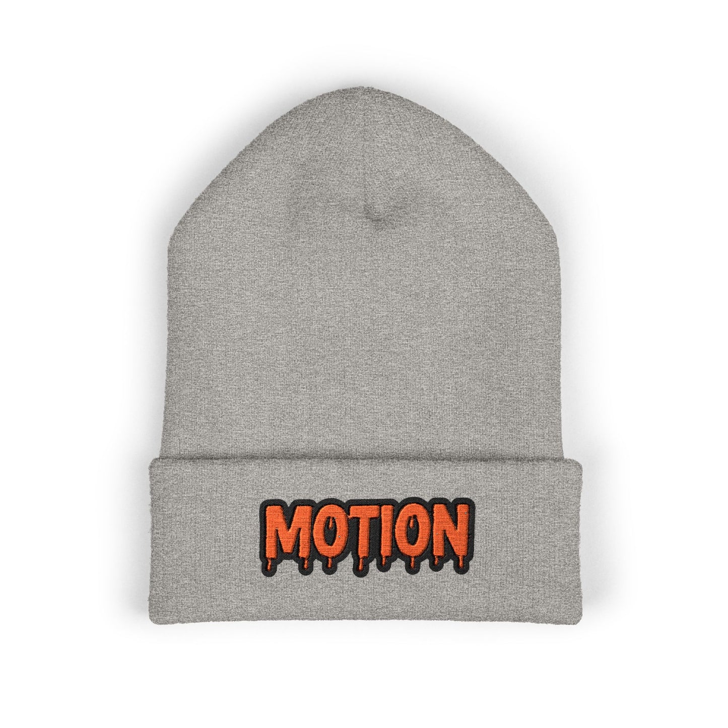 Motion Embroidered Cuffed Beanie — Retro Drip Logo Knit Hat
