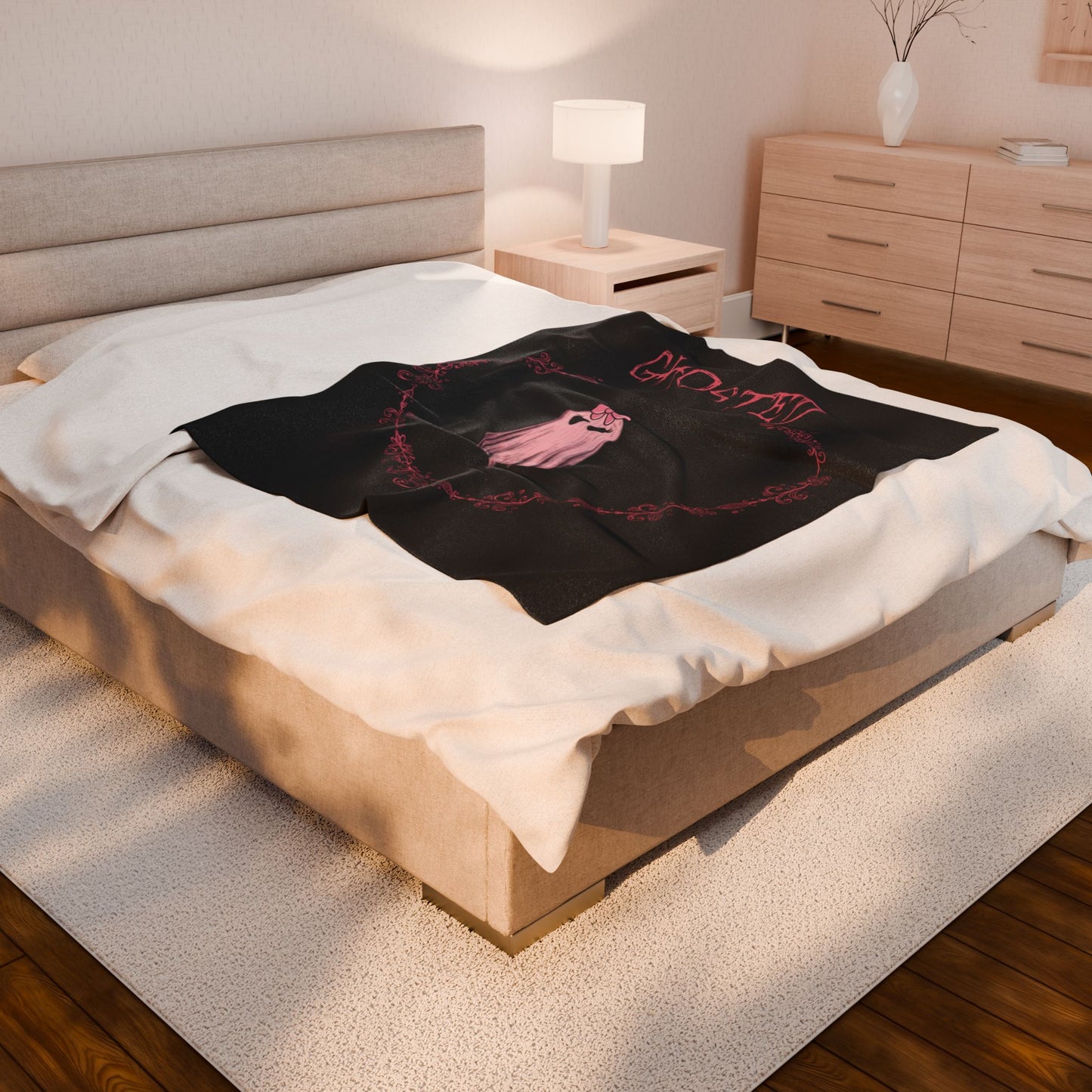 Ghosted Velveteen Plush Blanket — Cute Pink Ghost Heart Design