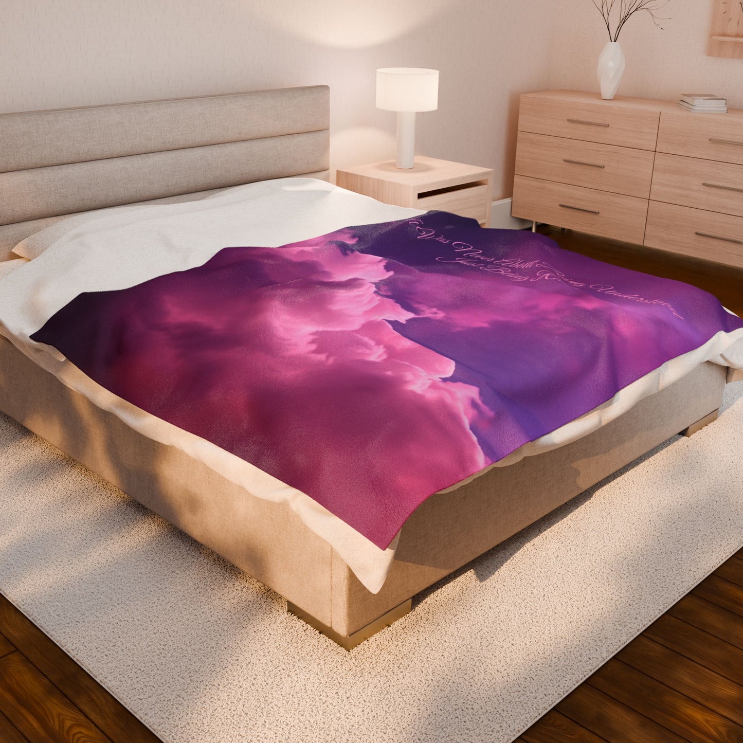 “It Was Never About Being Understood, Just Being Real” Purple Sky & Pink Cloud Plush Blanket – Soft Inspirational Throw