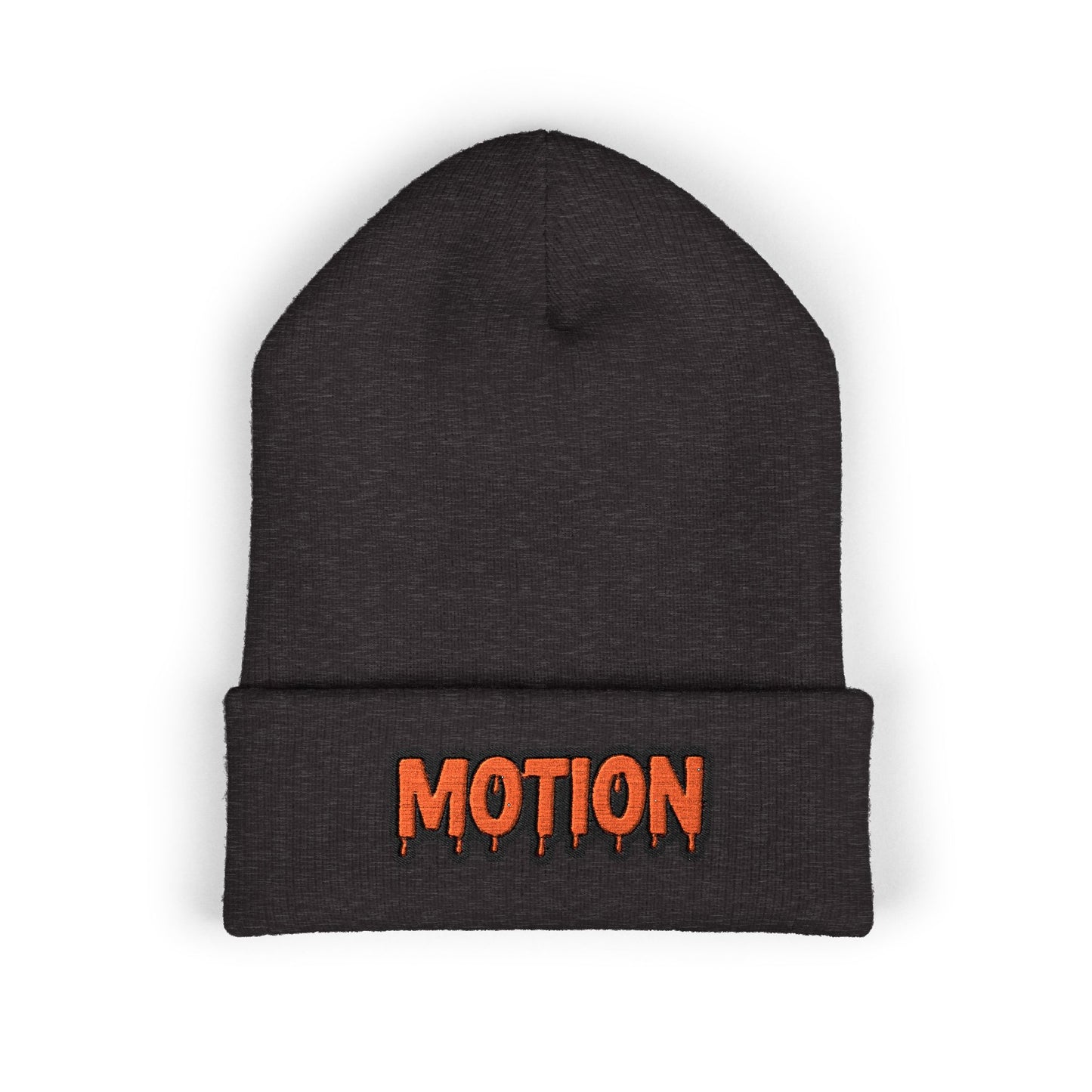 Motion Embroidered Cuffed Beanie — Retro Drip Logo Knit Hat