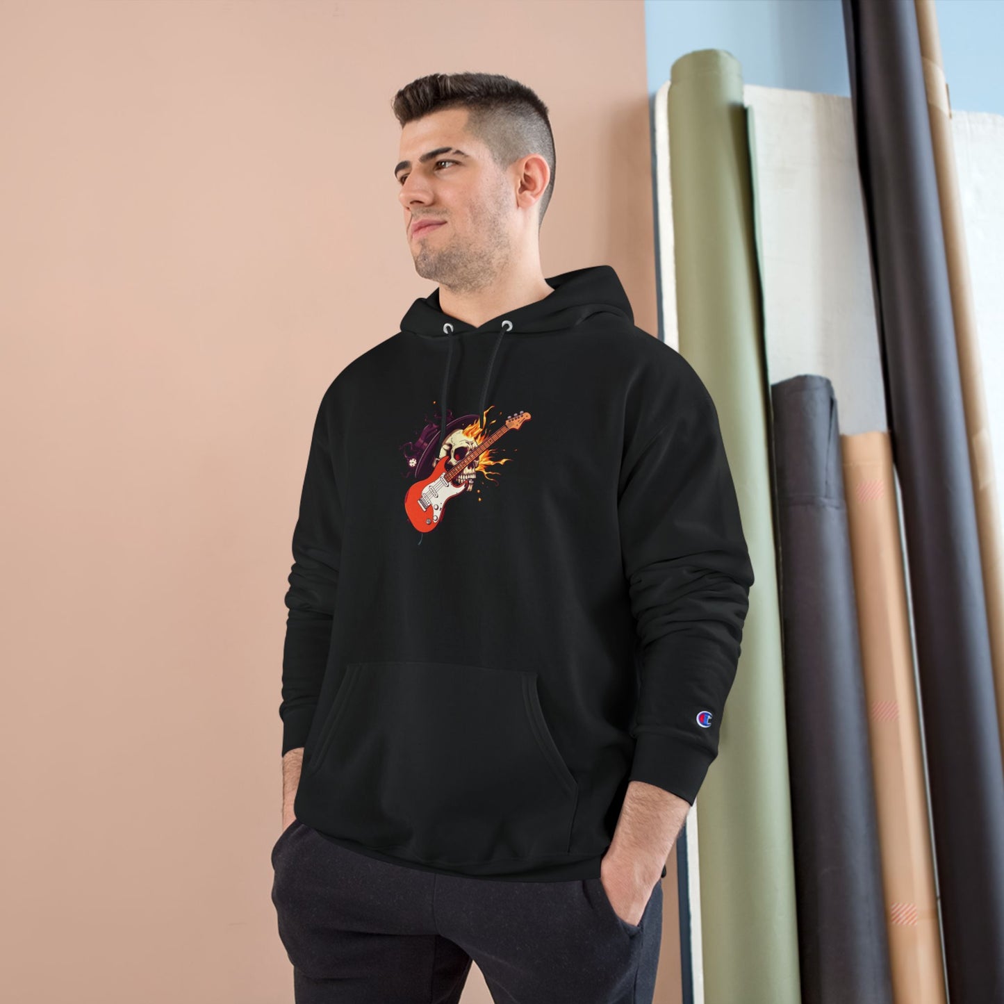Guitar Lover Champion Hoodie – Music Lover Sweatshirt, Casual Unisex Hoodie, Cozy Streetwear, Unique Guitar Design, Gift for Friends