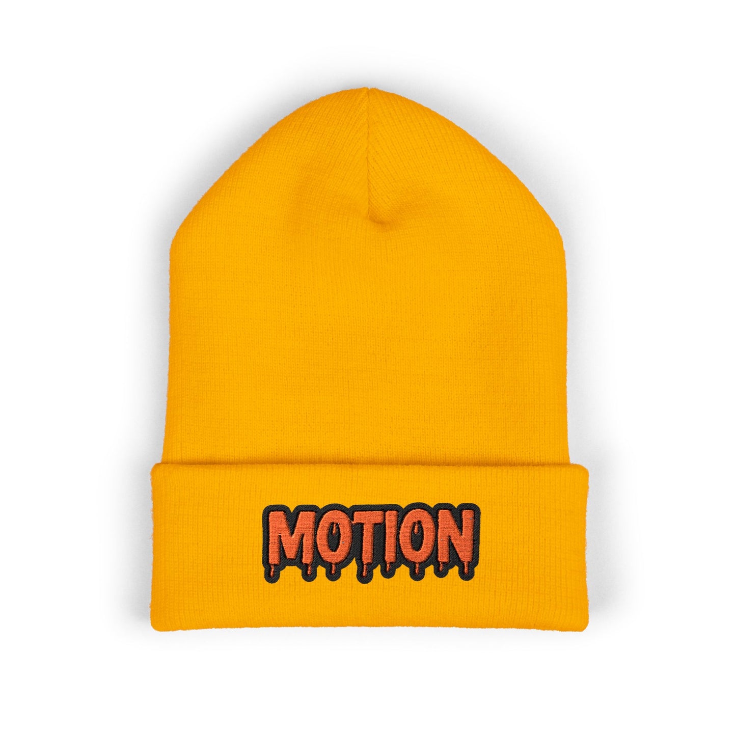 Motion Embroidered Cuffed Beanie — Retro Drip Logo Knit Hat