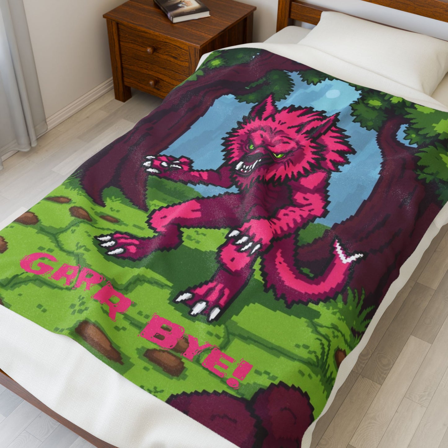 “Grrr-Bye!” Pink Werewolf Velveteen Plush Blanket – Cute Horror Cozy Throw for Spooky Season, Self-Care & Fun Home Décor