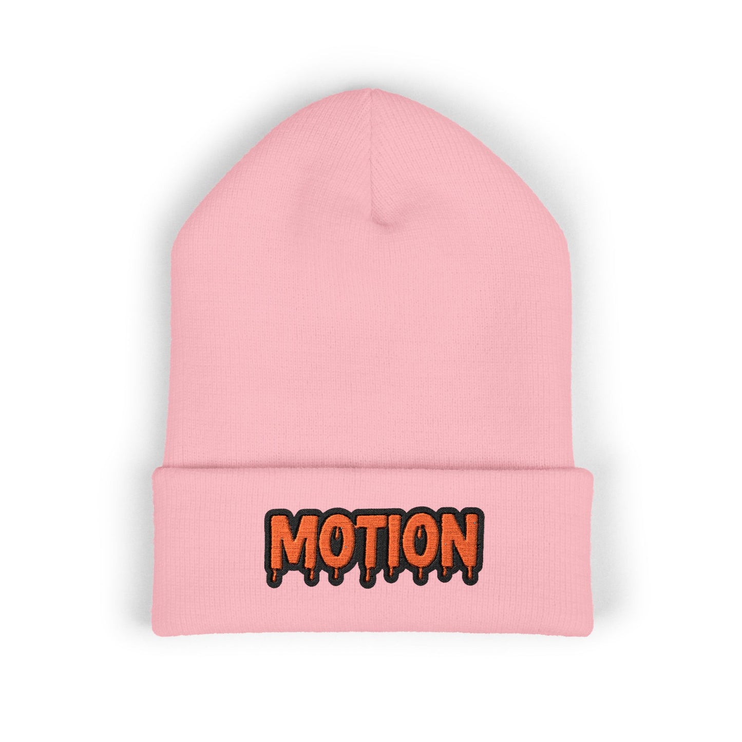 Motion Embroidered Cuffed Beanie — Retro Drip Logo Knit Hat