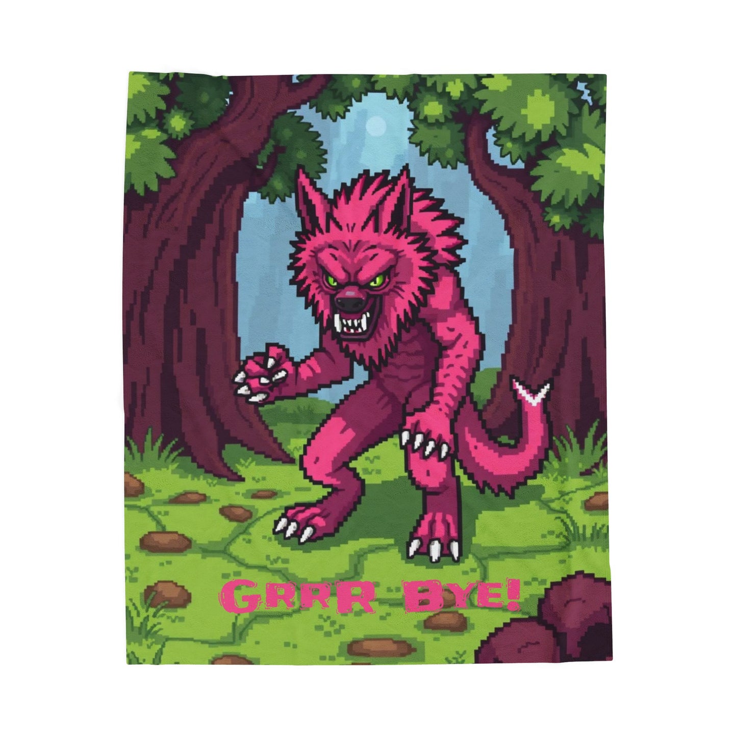 “Grrr-Bye!” Pink Werewolf Velveteen Plush Blanket – Cute Horror Cozy Throw for Spooky Season, Self-Care & Fun Home Décor