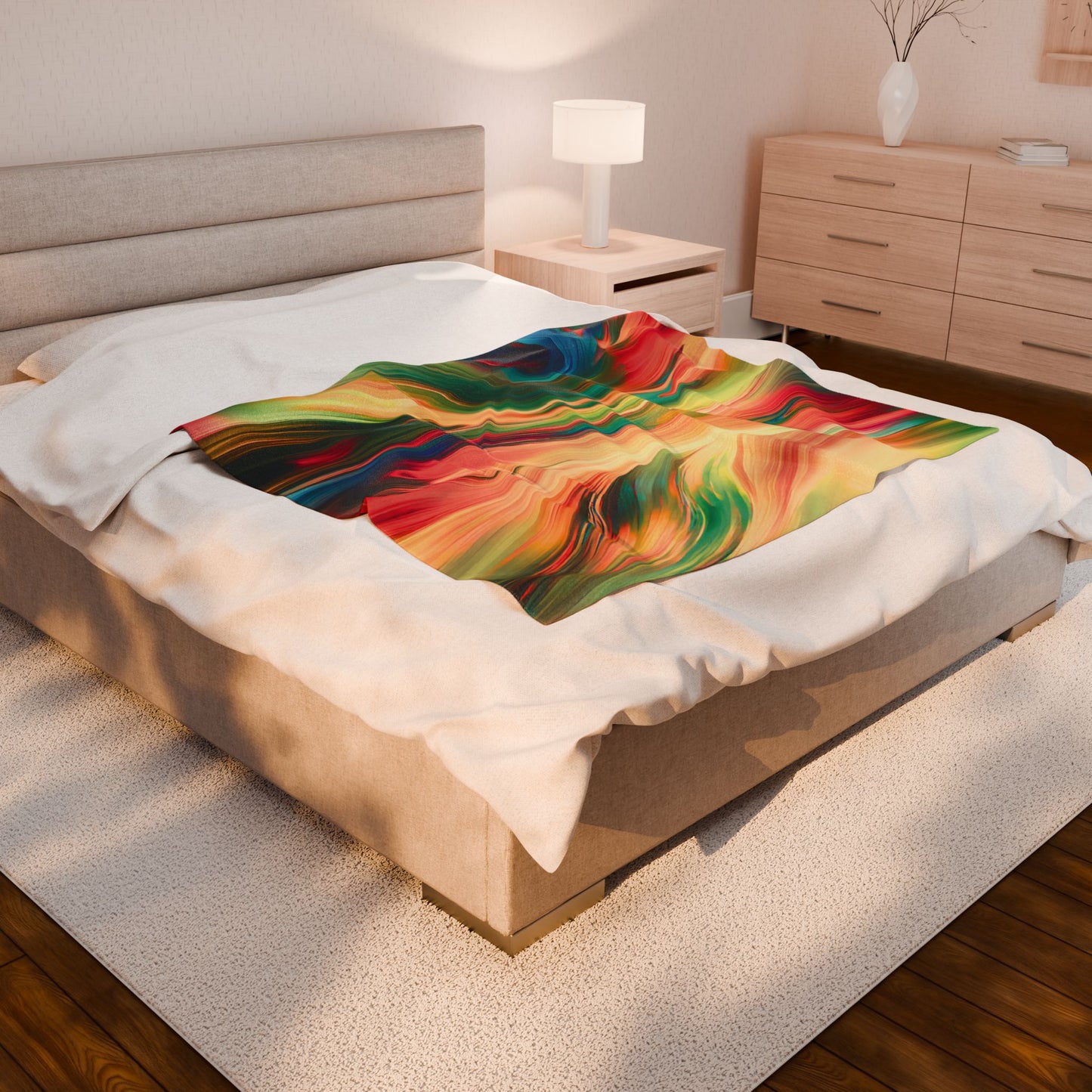 Vibrant Abstract Rainbow Swirl Velveteen Plush Blanket – Soft Colorful Throw for Artistic, Creative & Inspiring Home Décor