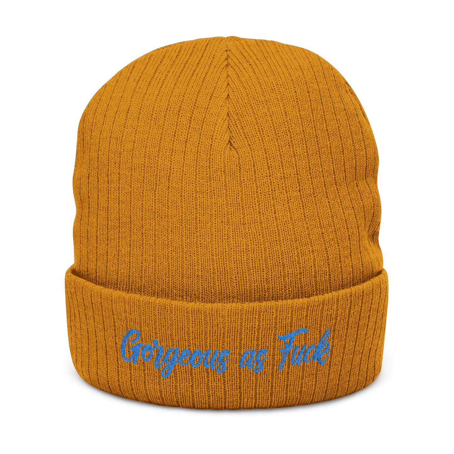 Embroidered 'Gorgeous as F***' Ribbed Beanie — Bold Statement Knit Hat
