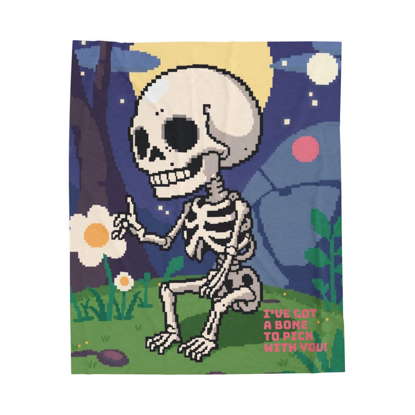 “I’ve Got a Bone to Pick With You” Skeleton Pixel Art Plush Blanket – Cute Cozy Throw for Halloween, Gamers & Fun Home Décor