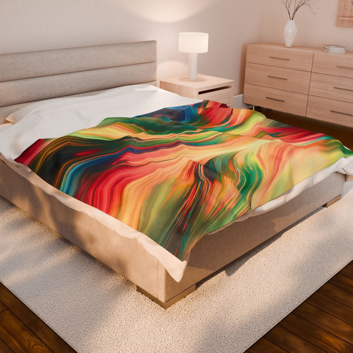 Vibrant Abstract Rainbow Swirl Velveteen Plush Blanket – Soft Colorful Throw for Artistic, Creative & Inspiring Home Décor
