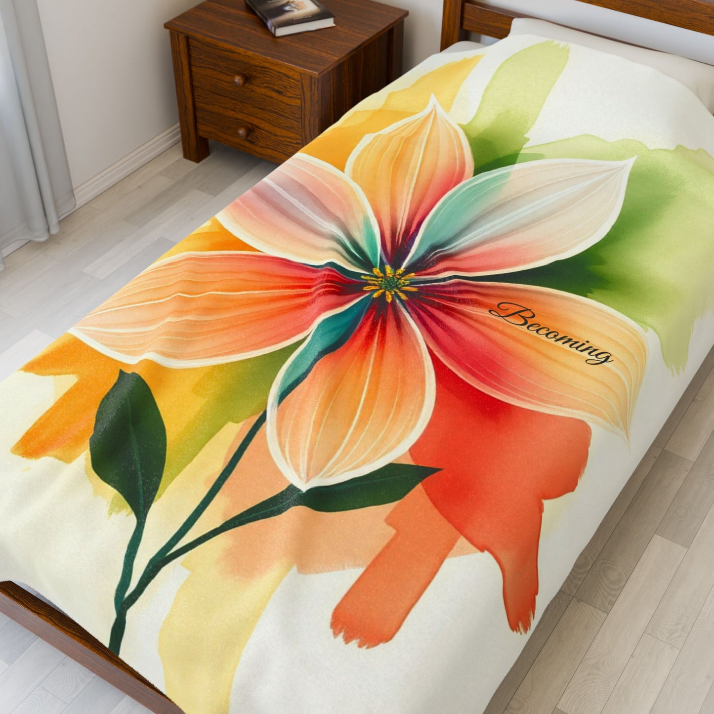 Floral “Becoming” Velveteen Plush Blanket — Soft Throw for Self-Care, Growth, Mindfulness & Inspirational Home Décor